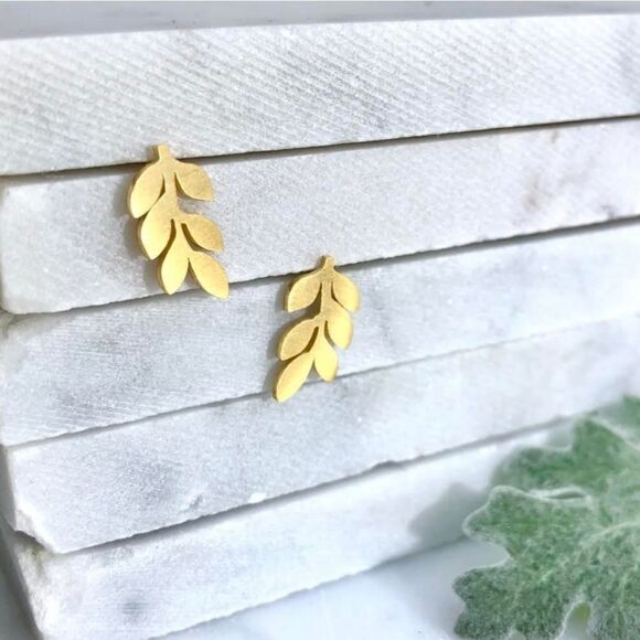 Dainty Gold Leaf Branch Stud Earrings - Picture 1 of 6
